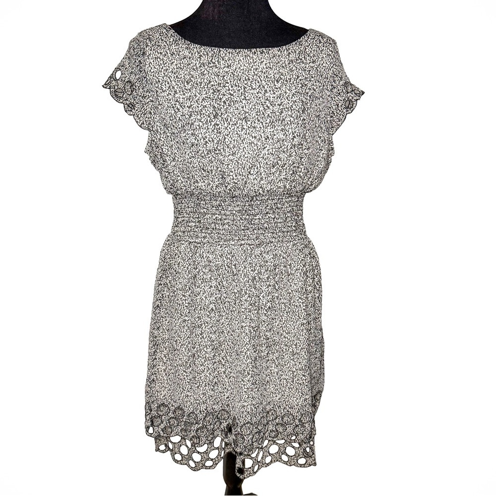 Bar III Womens Large Black White Animal Print Smocked Waist Eyelet Hem Dress - Picture 3 of 11